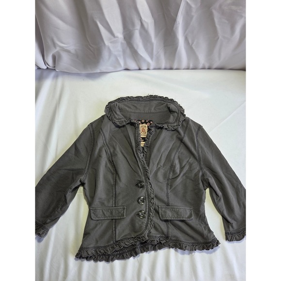 Decree Jackets & Blazers - Decree Gray Ruffle Knit Blazer Y2K 3/4 Sleeve Button Front Jacket Womens Medium